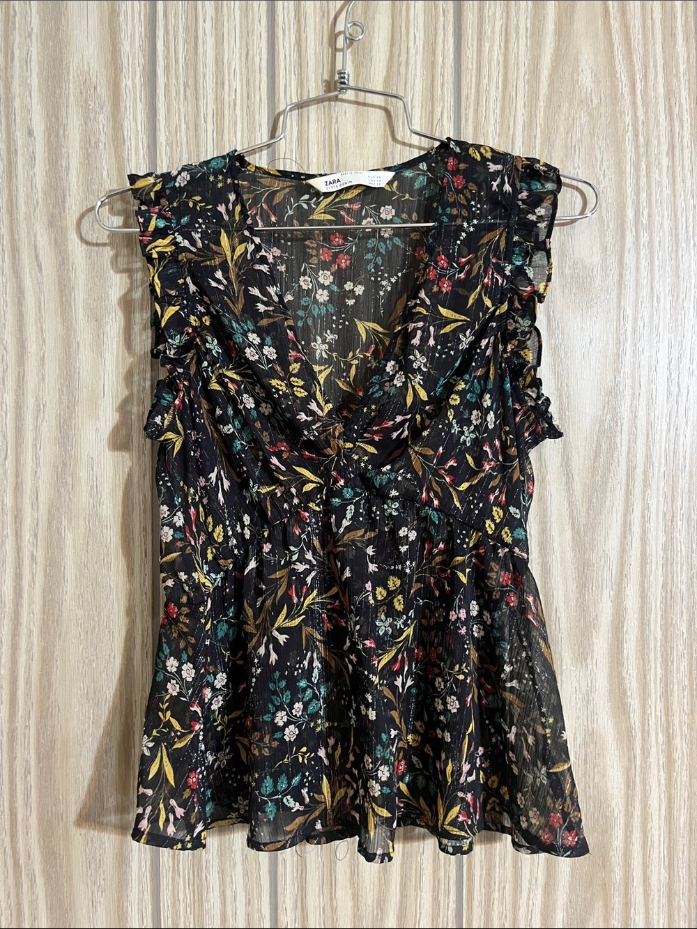 Zara Black Floral Ruffled V-Neck Blouse